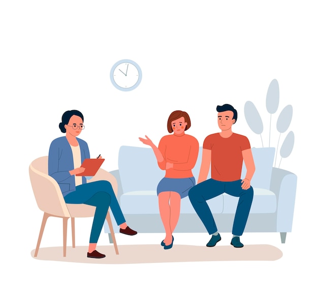 sad family talking with psychologist on the sofa vector flat style illustration