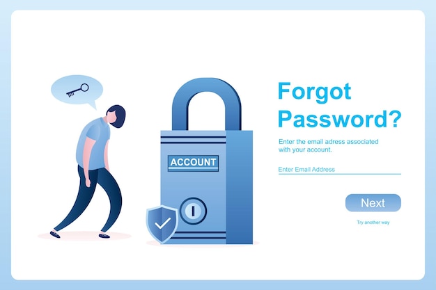 Sad female character and account lock forgot password web page template vector illistration