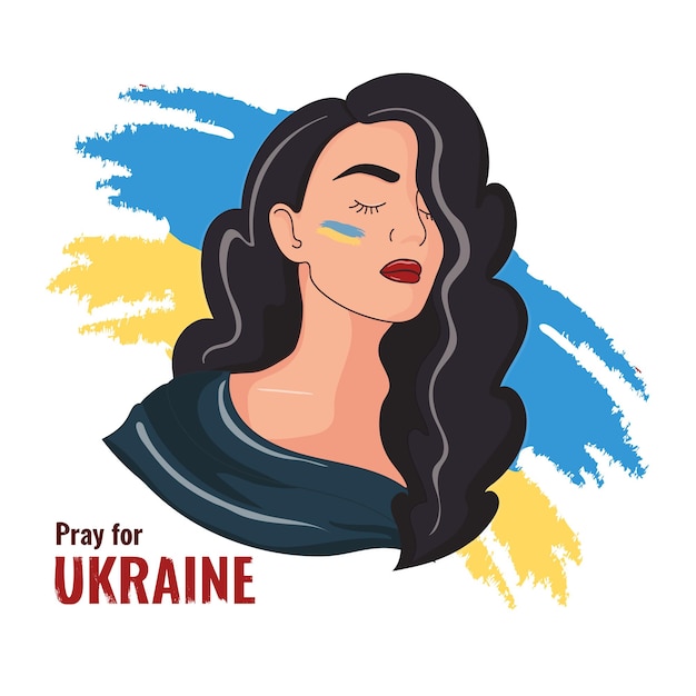 Sad girl on the background of the Ukrainian flag. Grieving woman in dark clothes. Pray for Ukraine.