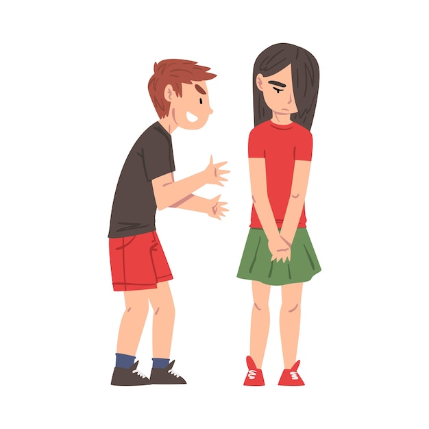 Vector sad girl bullied by boy classmate mocking her mockery and bullying at school problem cartoon style