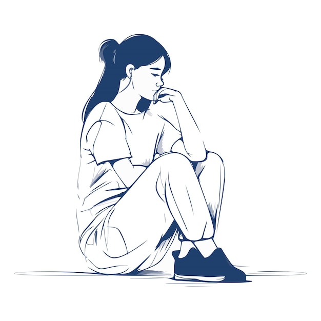 Sad girl sitting on the floor Hand drawn vector illustration in sketch style