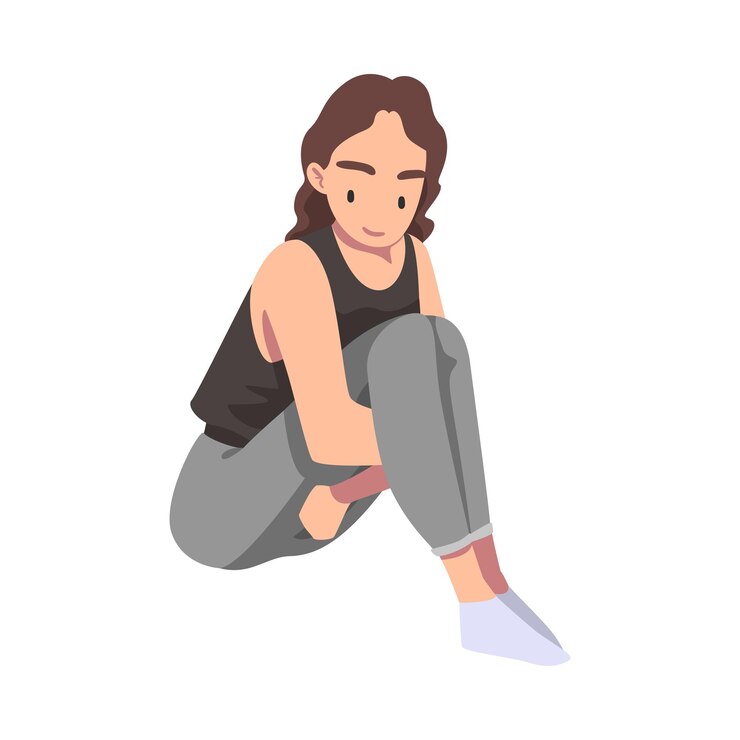 Vector sad girl sitting on floor and hugging her knees cartoon vector illustration