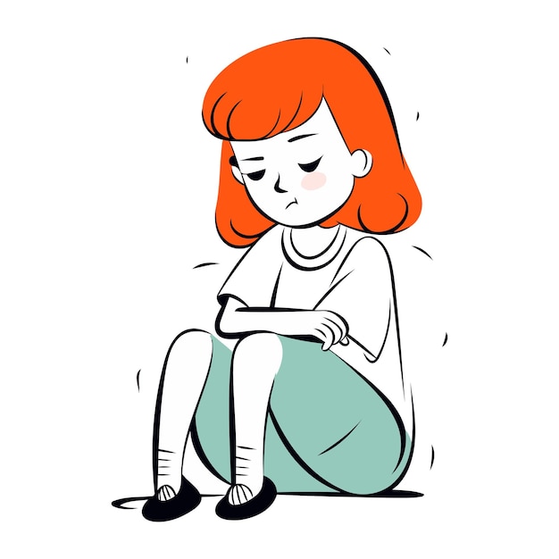 Sad girl sitting on the floor vector illustration in cartoon style