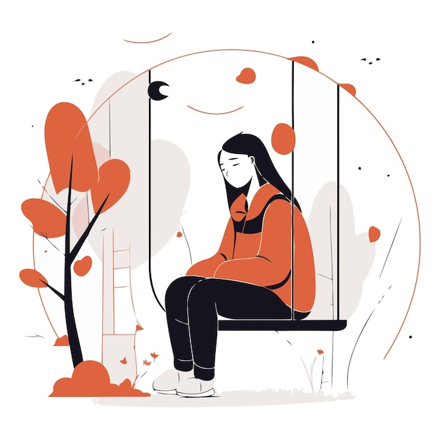 Печальная девушка сидит на качелях в осеннем парке