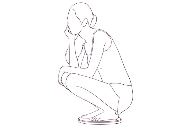 Sad girl sitting on a scale hand drawn style vector illustration