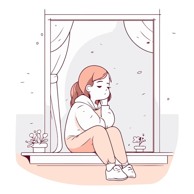 만화 스타일로 창문 앞에 앉아 있는 슬픈 소녀