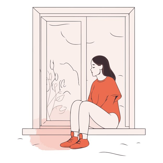 Sad girl sitting on the windowsill in sketch style