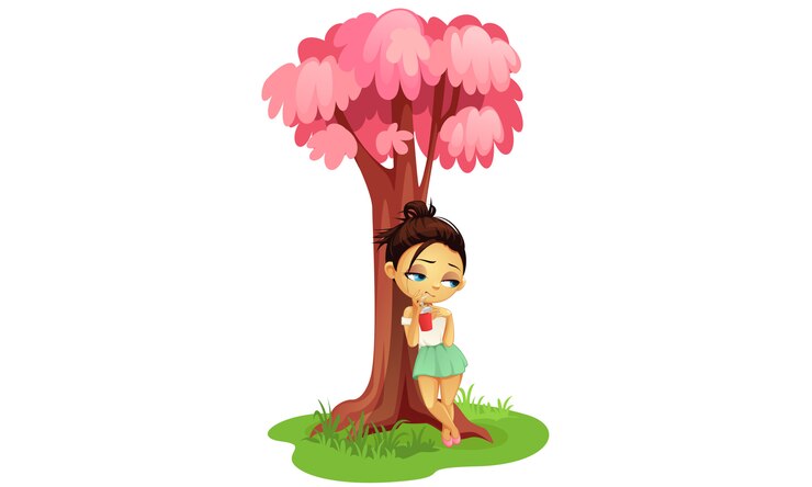 Vector sad girl standing under the tree cartoon