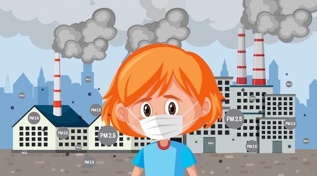 Sad girl wearing mask standing in front of factory buildings