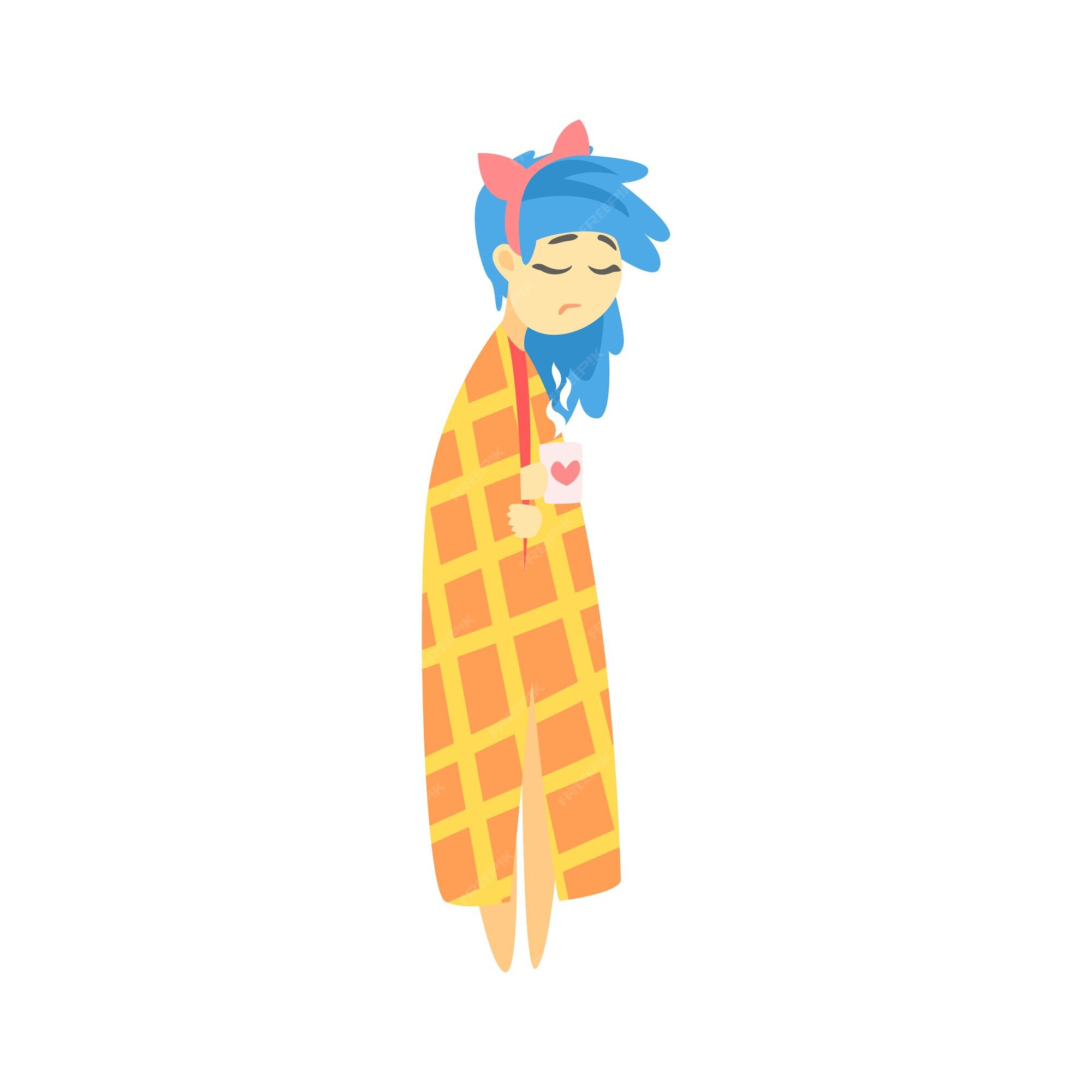 Premium Vector | Sad girl with blue hair wrapped in blanket with hot drink  feeling blue part of depressed female cartoon characters series