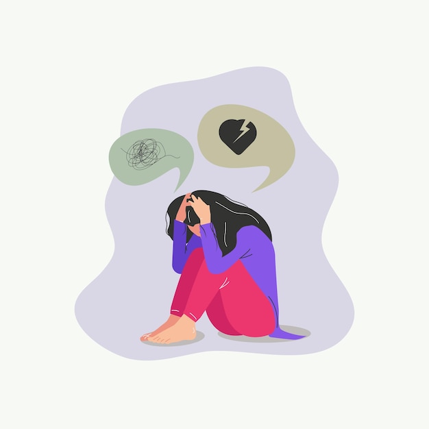 Vettore ragazza triste con cuore spezzato e illustrazione depressa