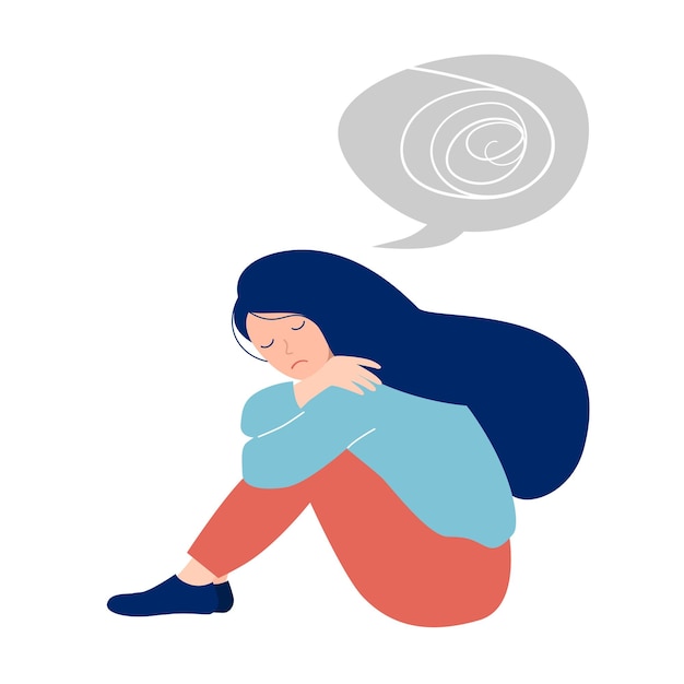 Vector sad girl with confused thoughts sitting on a floor