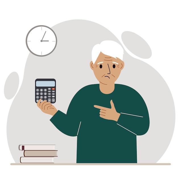 A sad grandfather holds a digital calculator in his hand and gestures, pointing with the finger of his other hand to the calculator.