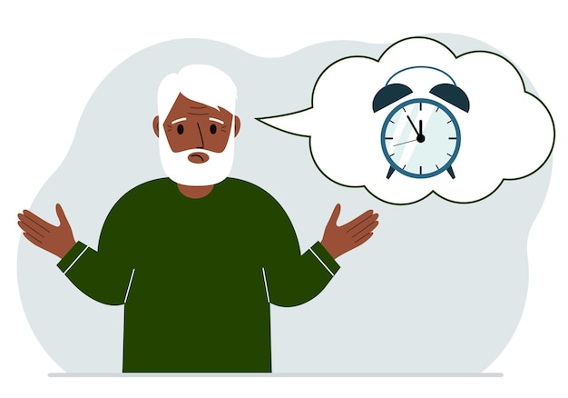 Sad grandfather with a balloon of air thoughts with an alarm clock. time management, planning, organization of working time, effective business, deadline. vector flat illustration