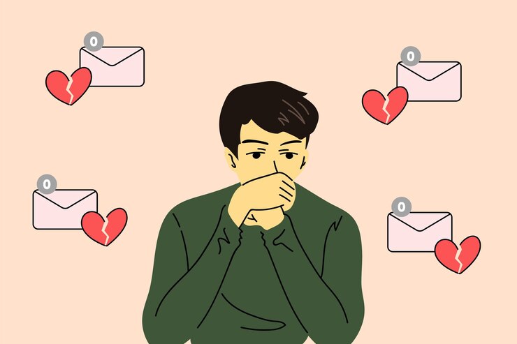 Vector 슬픈 남자가 깨진 마음을 둘러싸고 사랑하는 사람으로부터 메시지를 받지 못합니다.