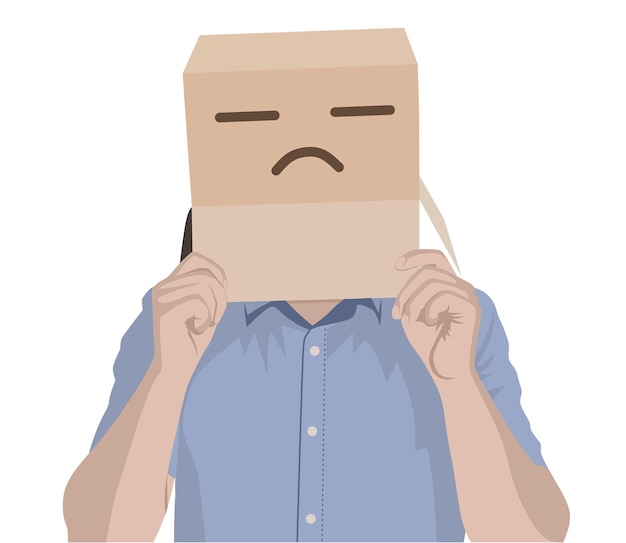Vector sad guy with a box on his head hiding from people