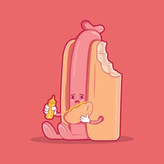 Triste hot dog che si incolla illustrazione vettoriale concetto di design divertente per il cibo