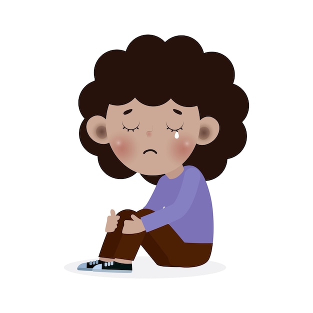 Vector sad kid black depressed child african american looking lonely sad little kid sitting alone and cry
