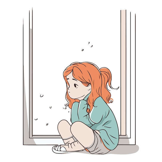 Sad little girl sitting near the window in cartoon style