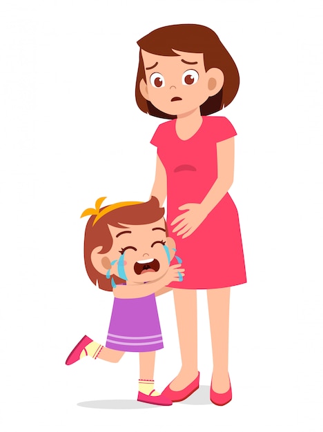 Sad little kid girl cry with mom