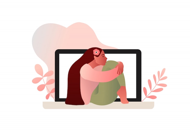 Sad lonely depressed girl sitting on the laptop. young unhappy woman hugging her knees. online psychotherapy. cartoon character. depressed teenager.   illustration in flat style