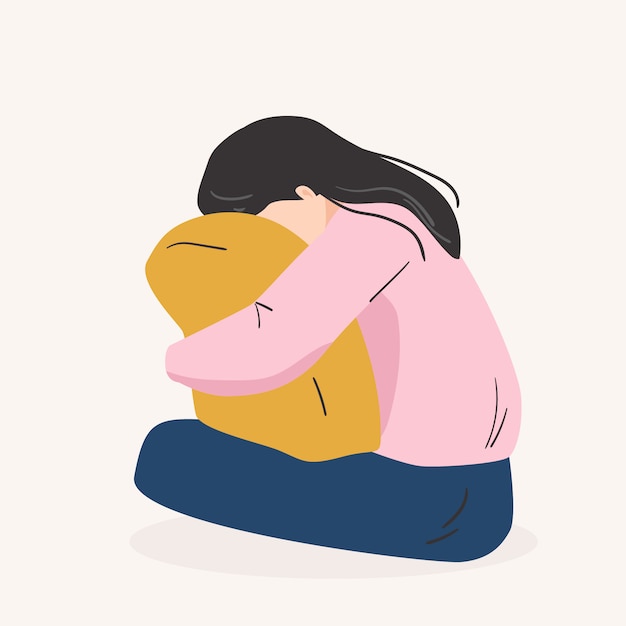 sad lonely woman. Depressed young girl hugging pillow.  vector illustration in flat cartoon style