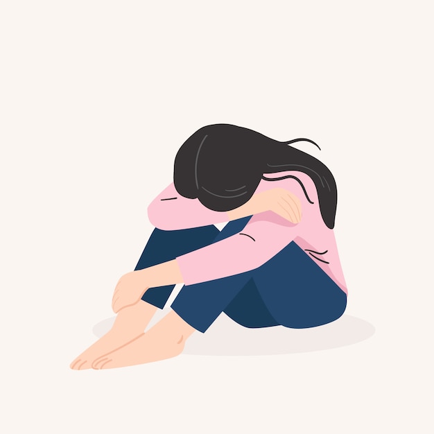 Sad lonely woman. depressed young girl.  vector illustration in flat cartoon style