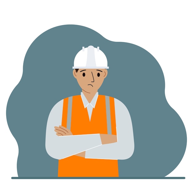 Sad male construction worker in a white helmet and an orange vest. Vector flat illustration