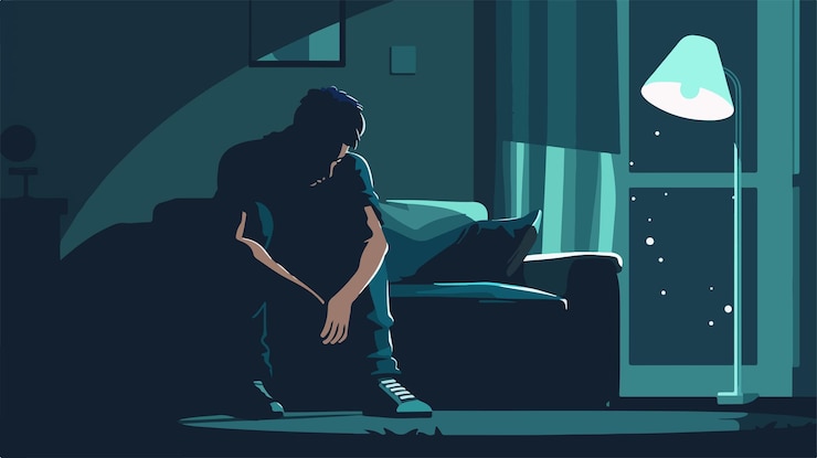 Vector sad man in dark room cartoon vector illustration