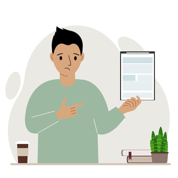 Sad man holding a clipboard with a document and points his finger at it. Vector flat illustration