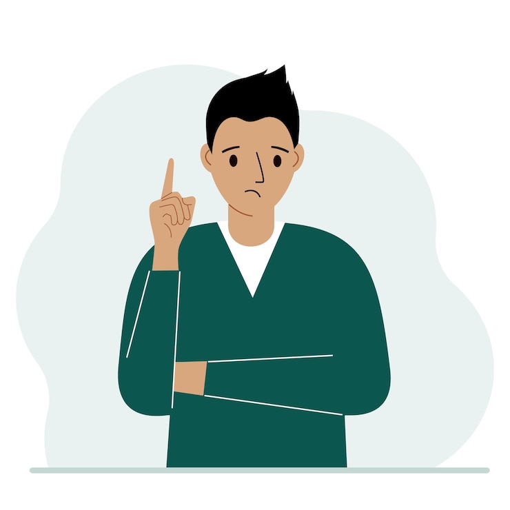 वेक्टर sad man holding his index finger up. vector flat illustration