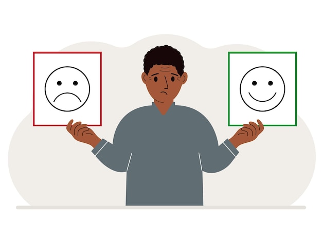Vettore l'uomo triste tiene una carta con un'emoji triste in una mano e un'emoji sorridente nell'altra il concetto di maschere di emozioni o aiuto psicologico