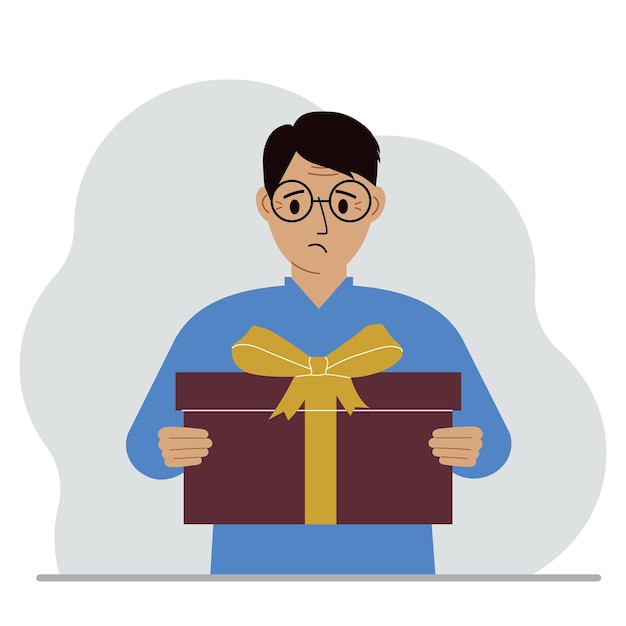 A sad man holds a large gift box with a bow in his hands Vector flat illustration