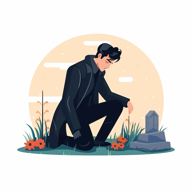 Vector sad man kneeling near a grave with his head bowed vector illustration