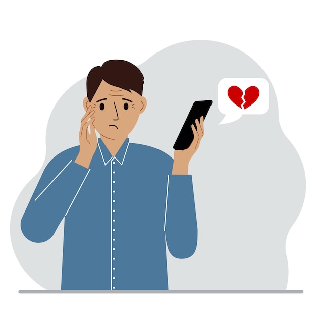 Sad man reading a message on his mobile phone Message with a broken red heart Vector flat illustration