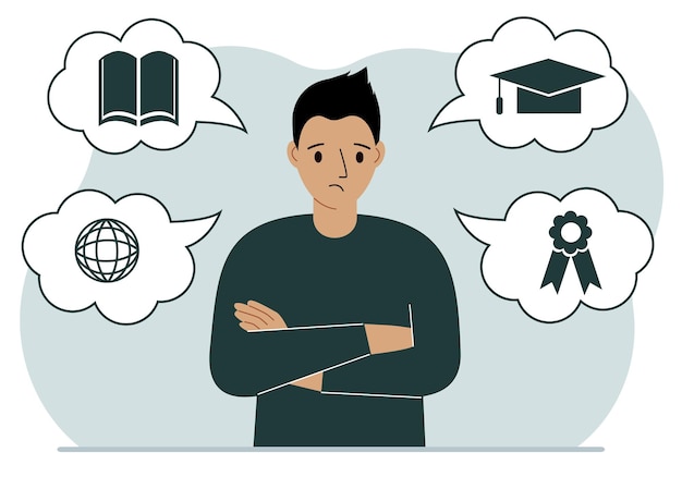 学習についての考えを持つ悲しい男。インターネットの職業、高等教育、証券取引所、金融リテラシー。教育に関するさまざまなアイコン。ベクトルフラットイラスト
