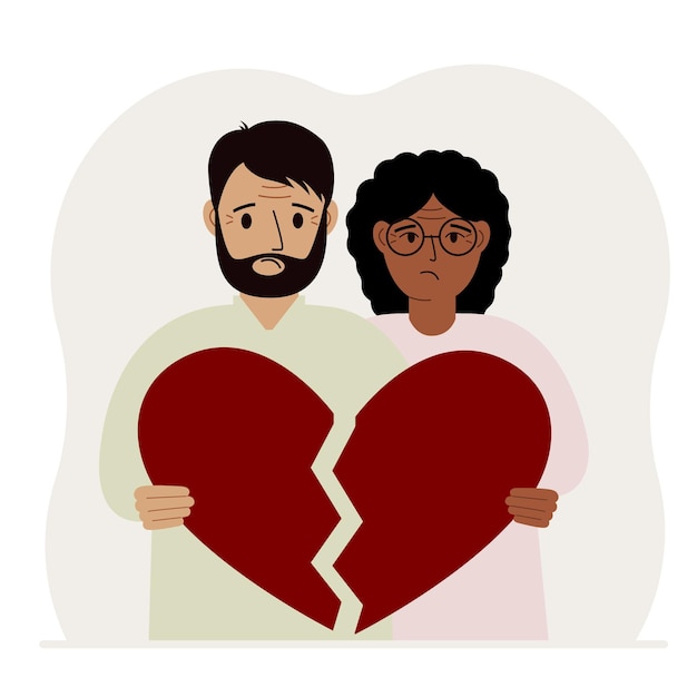 Vector a sad man and woman are holding pieces of a broken red heart in their hands broken heart