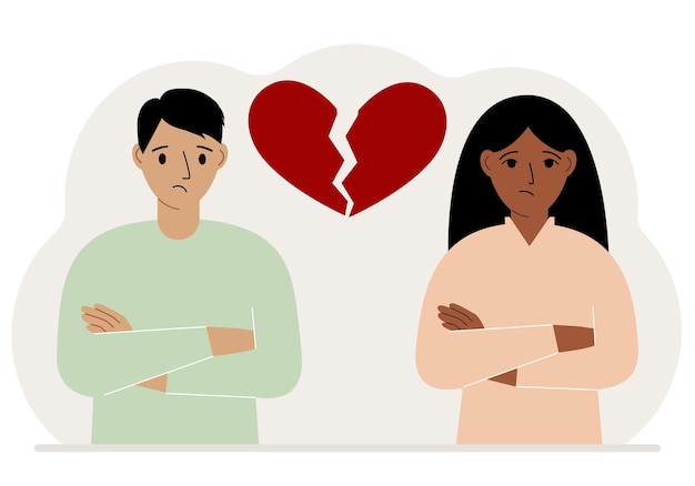 Vector sad man and woman next to a broken red heart broken heart