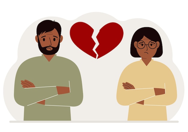 Vector sad man and woman next to a broken red heart broken heart