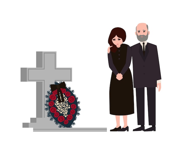 Vector sad man and woman dressed in mourning clothes standing near grave with tombstone and wreath