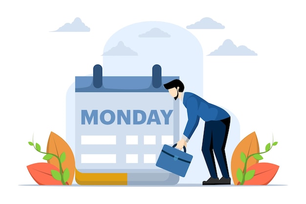 sad monday concept vector illustration with businessman tired and scared by routine office work