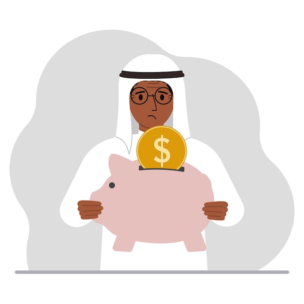 悲しいイスラム教徒の男が貯金箱を持っているコインが貯金箱に落ちる金融貯蓄の概念投資金融ベクトルフラットイラスト