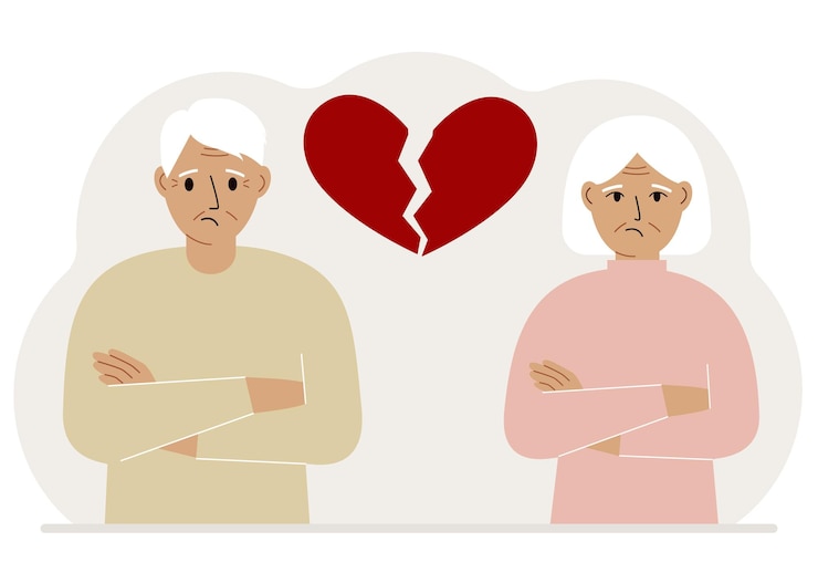 Vector sad old man and old woman next to a broken red heart broken heart