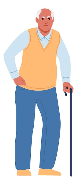 Vector sad old man with walking cane tired senior character