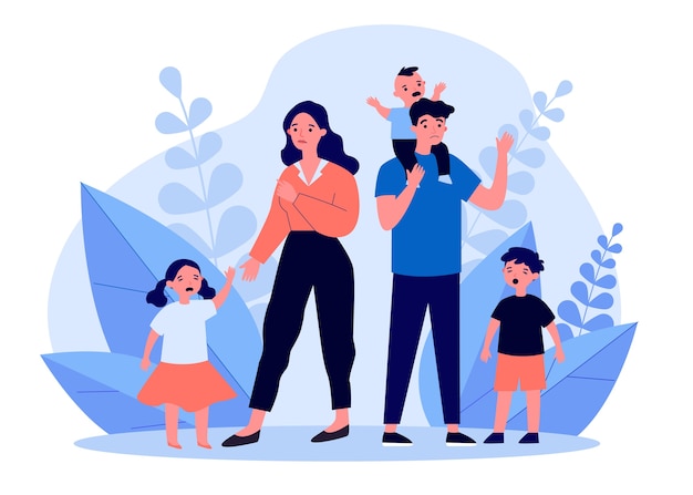 Vector sad parent standing with crying children. mother, behavior, difficulty   illustration. parenthood and family concept for banner, website  or landing web page