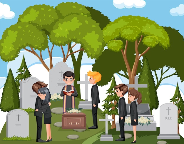 Vector sad people at funeral ceremony