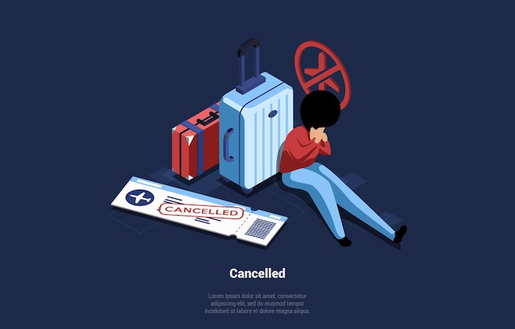 Vector sad person sitting and crying near suitcases for travelling and ticket with cancelled mark