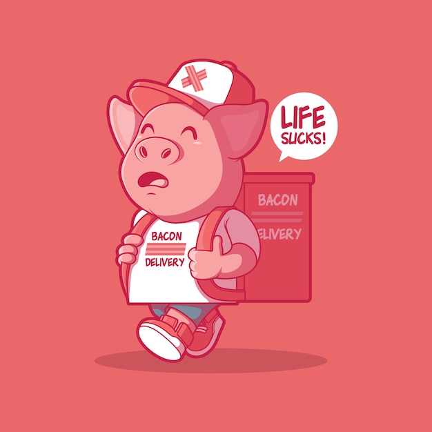 Sad pig character delivering bacon vector illustration Food funny work design concept