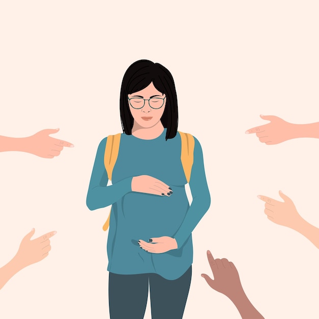 Sad pregnant teenager pointed finger people