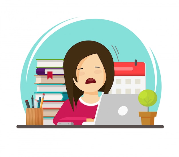 Sad pupil or student person tired study of learning  illustration or flat cartoon woman or girl character stressed while education or working with exhausted and depressed face image